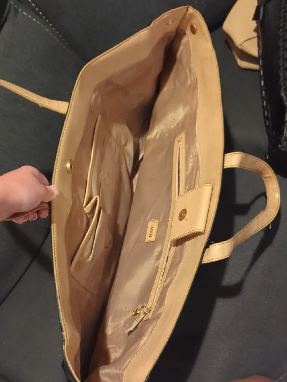 IMAN Black Patent Tote with Tan Handles and Gold Charm